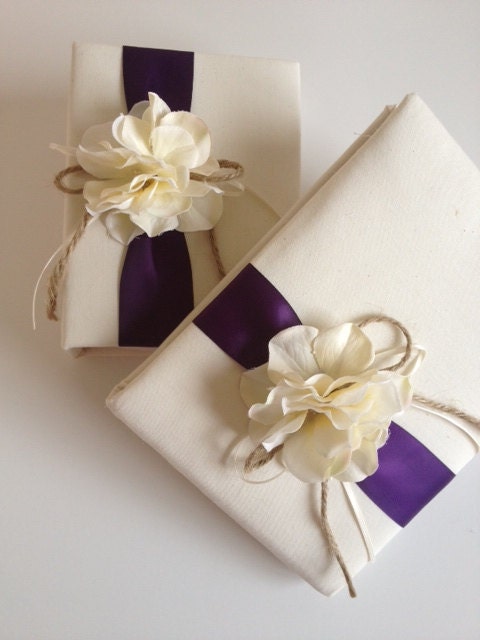 SAVE 50% Rustic Wedding Guest Book and Photo Album Gift Set - Cream Ivory Hydrangeas - Eggplant Purple Ribbon With Ivory Ribbon and Rope Bow