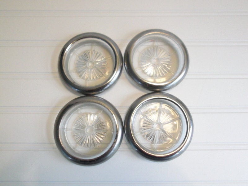 Vintage Silver Coaster Set Silverplate Coasters Cut Glass and Silver Round Starburst  Coasters Patina