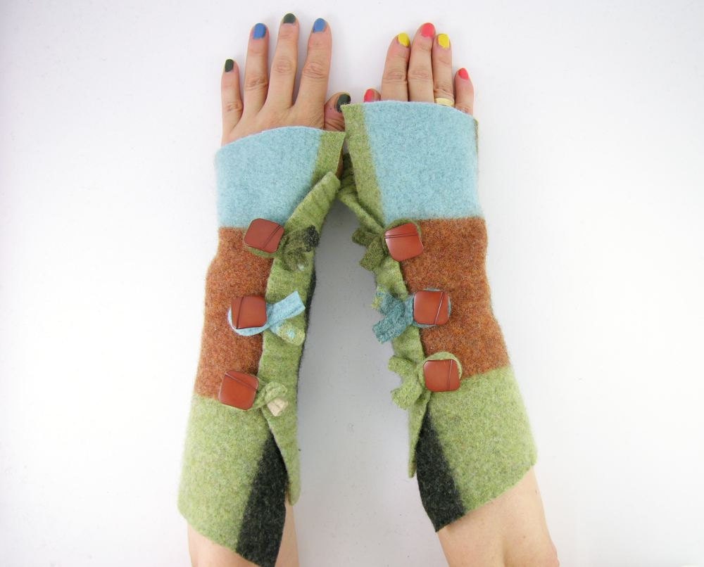 color block arm warmers fingerless mittens wrists warmers fingerless gloves recycled wool fall blue brown green eco friendly curationnation