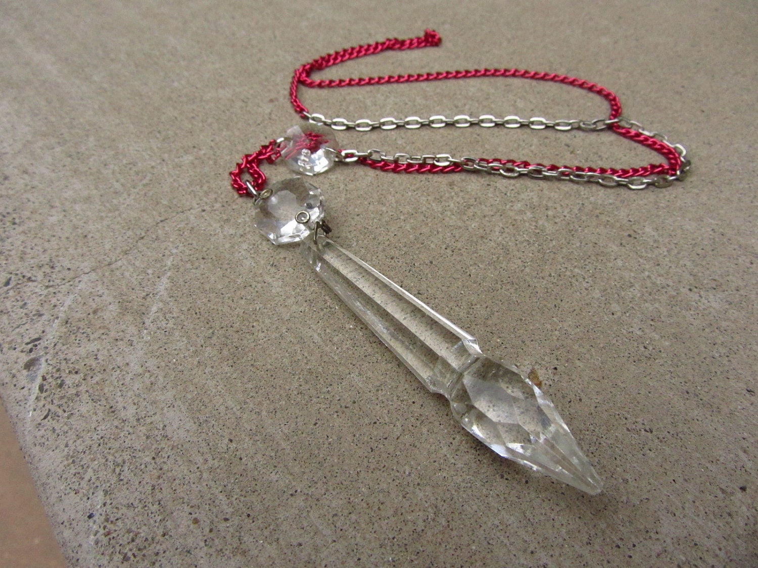 Vintage Glass Chandelier Dagger Pendant Necklace - Two Tone RED and SILVER - Repurposed Chandelier Crystals