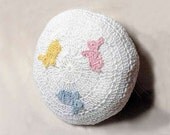 Bunny Rabbit Baby Nursery Novelty Pillow, Cuddly Crochet, Kids Bedroom Decor, Reversible Pink Blue Yellow Pastels Round Cushion, Handmade