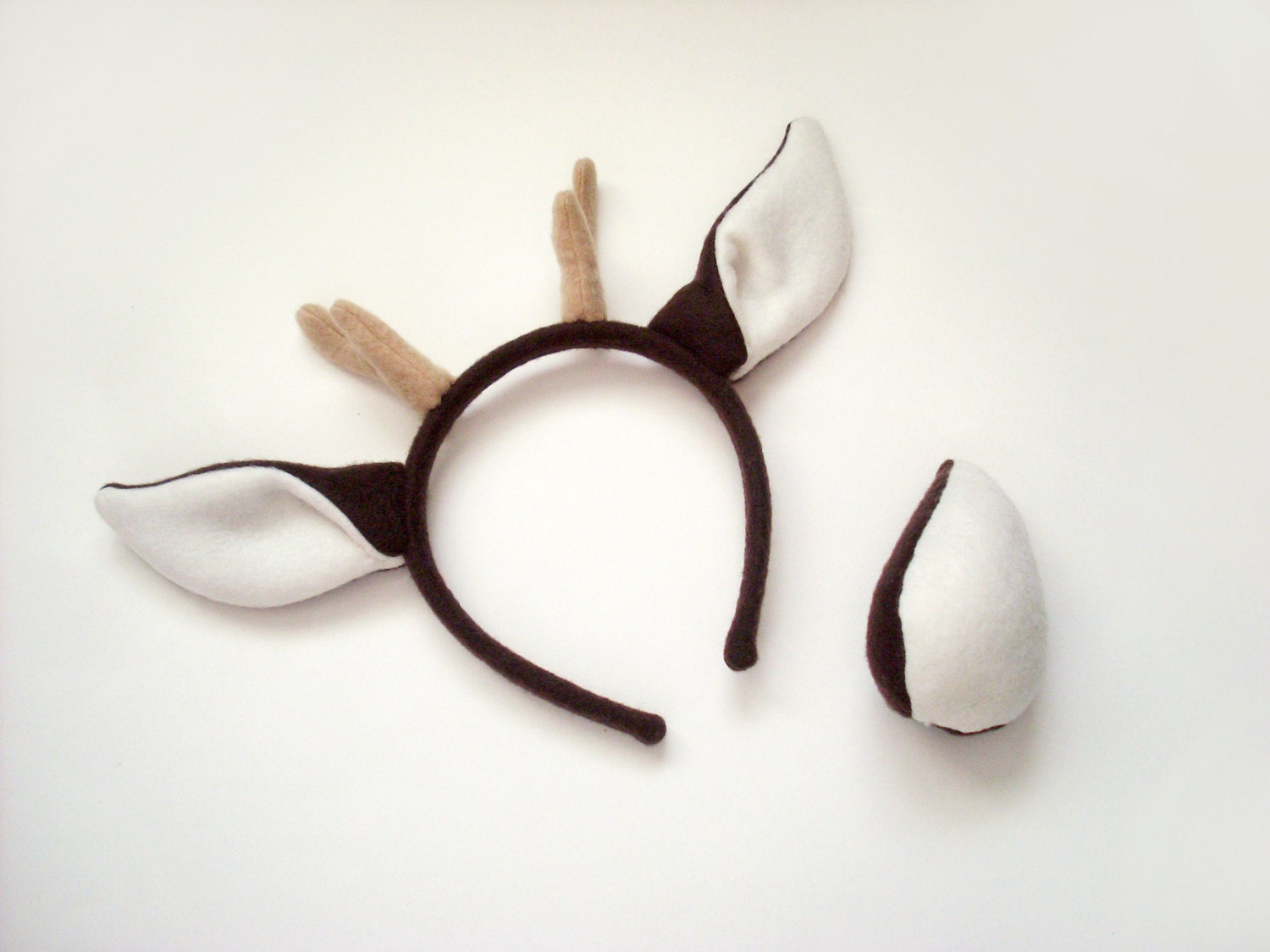Little Deer Costume Set, Brown and Cream Ears with Antlers Headband and Tail