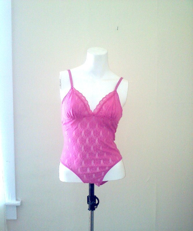 1980s lace bodysuit / vintage lace pink lingerie / 1980s sasson / bodysuit camisole leotard