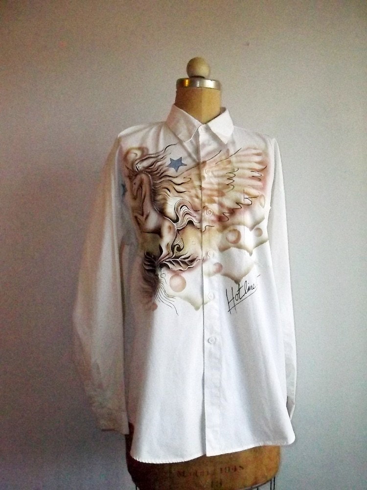 80s white flying UNICORN airbushed look boyfriend shirt / l