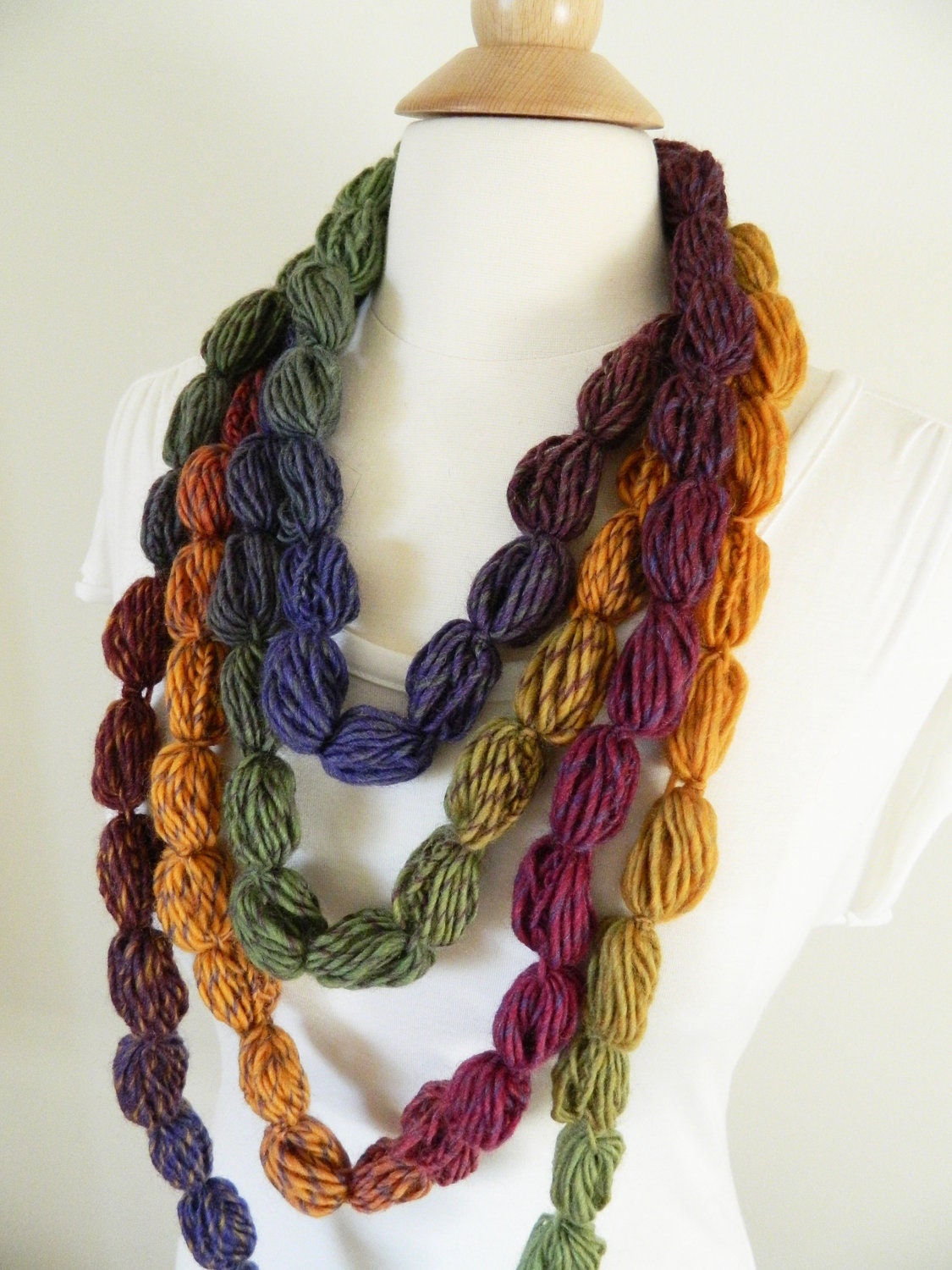 Pompom Scarf Crochet Lariat Necklace Neckwarmer Scarf - Pompom Puff Stitch Lariat - Yellow Mustard Green Blue