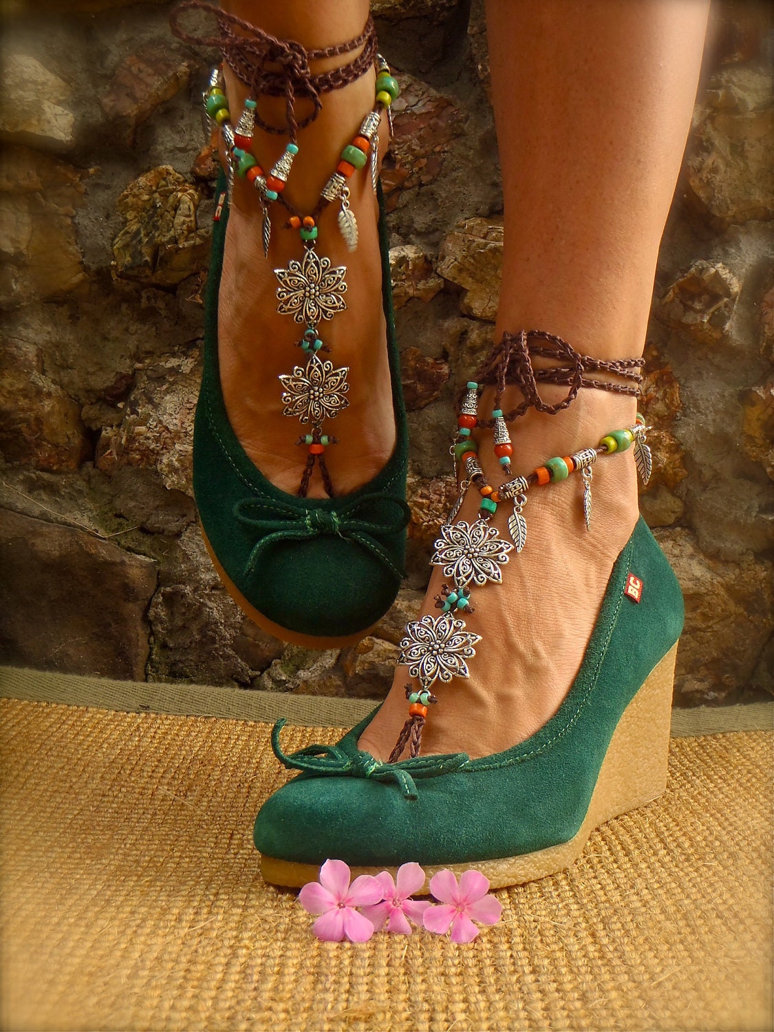 BOHEMIAN BAREFOOT WEDDING barefoot sandals Anklets crochet Gypsy Sandals sole less shoes crochet anklets antique flowers
