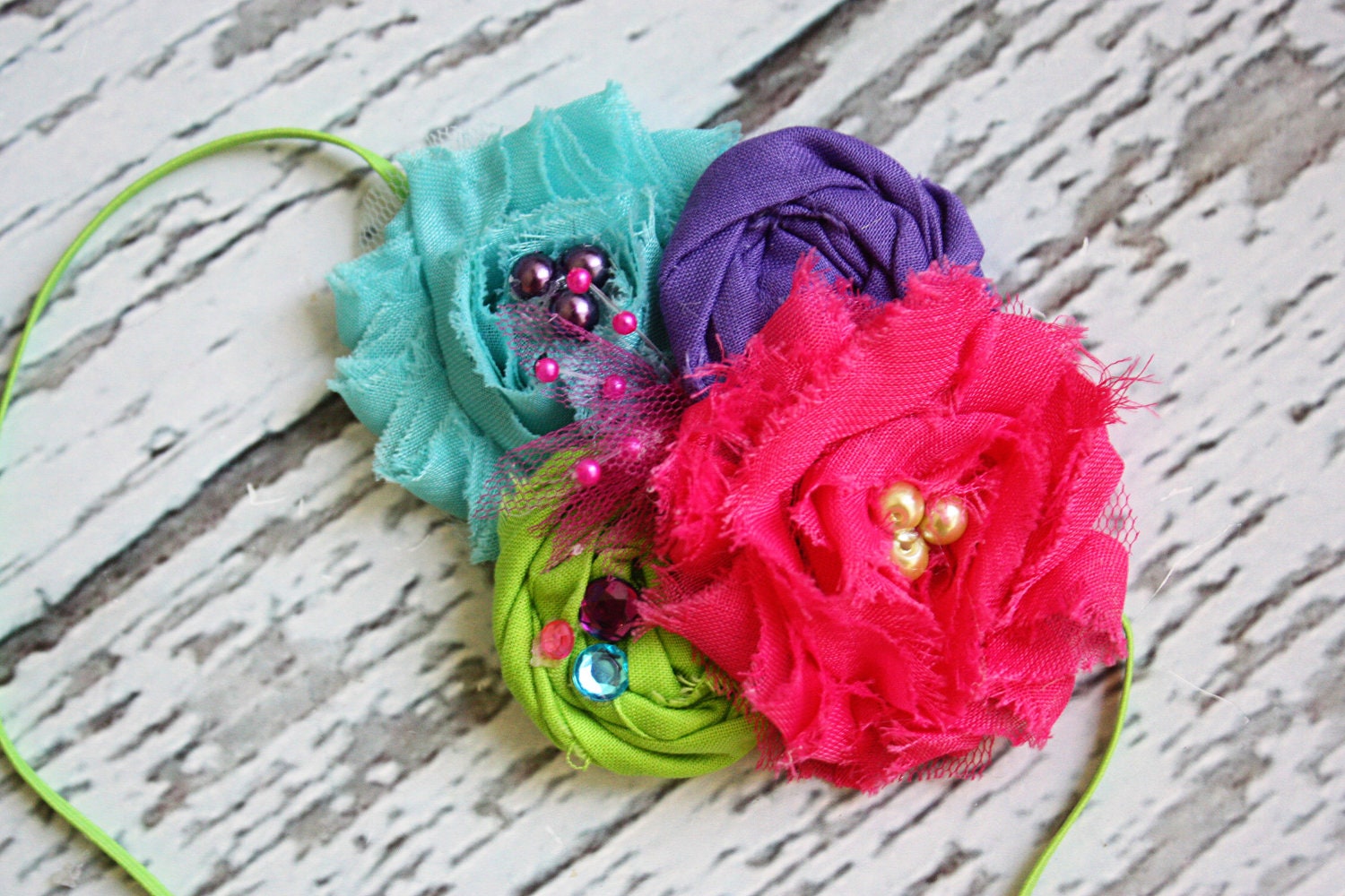 All Bright With Me- pink, teal, lime and purple chiffon flower and  rosette headband