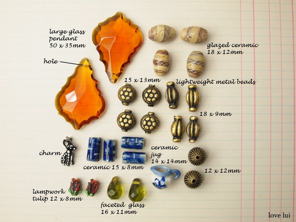 Bead Lot  Ceramic Beads, Pendants, Charms, Glass Beads and Metal - Blue and Honey Mix