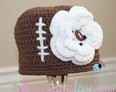 Touchdown Girls Crochet Football Beanie with removable Football Flower Hair Clip - 5 Year through Adult Sizes Available