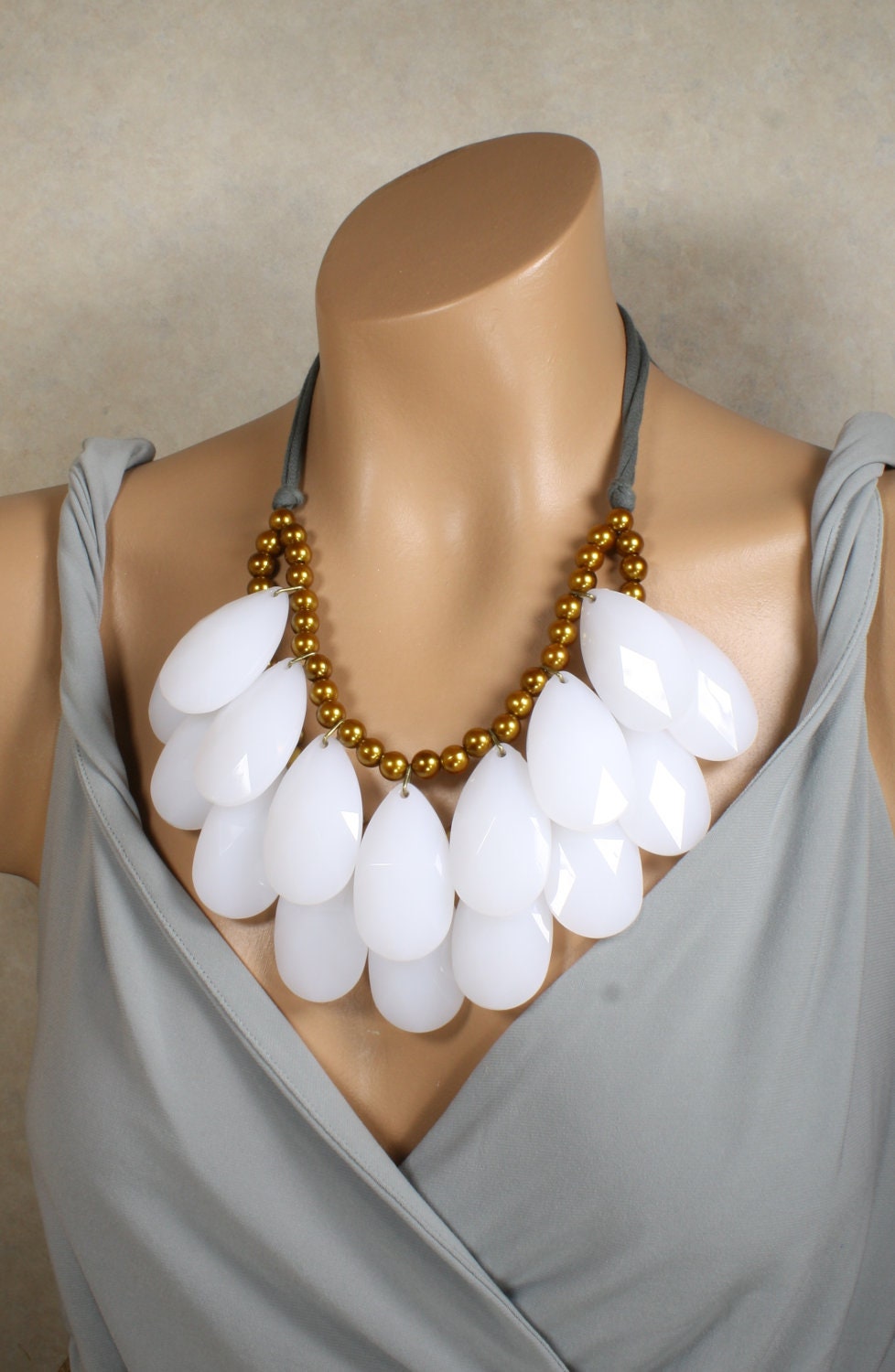 HUGE Double Strand Briolette Bib Statement Necklace Snow White Golden Bronze and Gray, Anthropologie Stormy Seas, Summer Infatuation