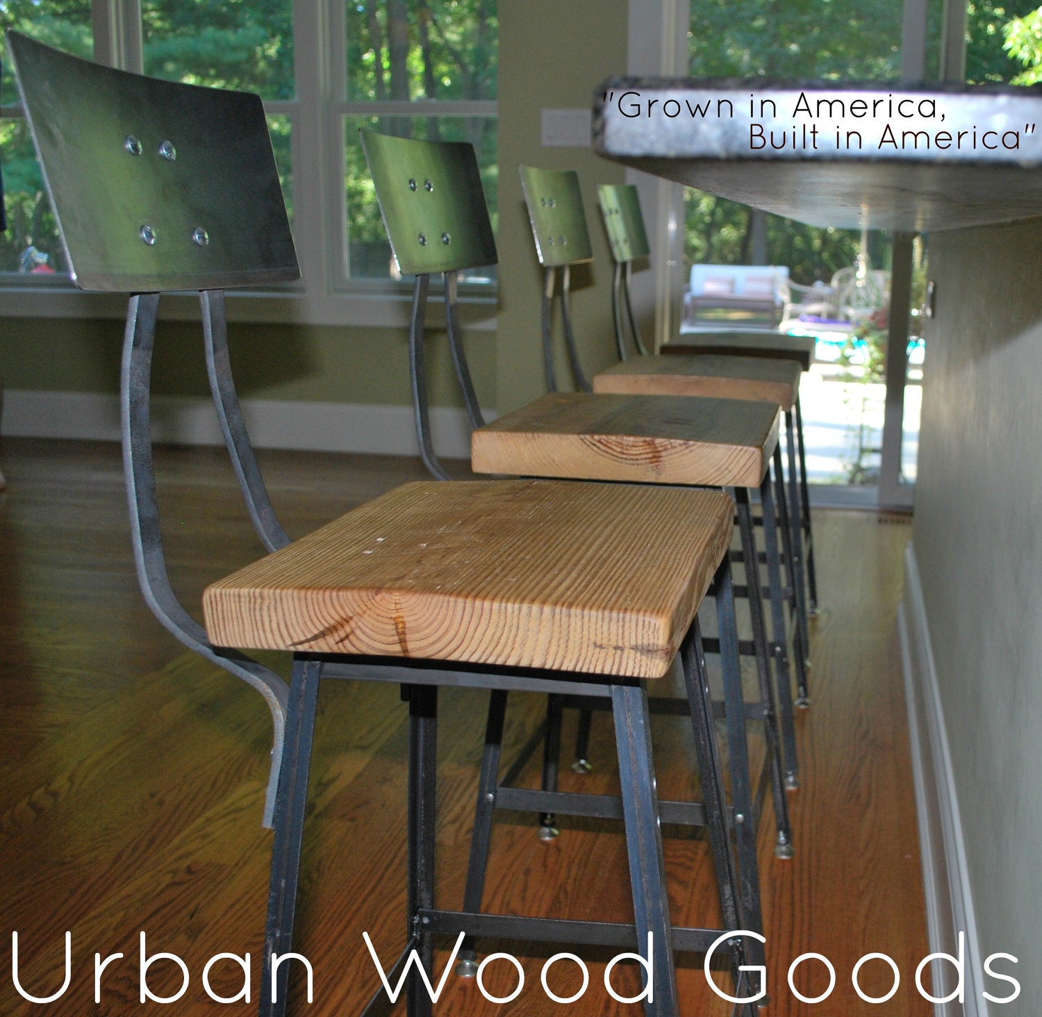 Reclaimed Wood and Steel Industrial Shop Stool. Made in Chicago. Qty (3) 25" counter height stools with backs. QUICK SHIPPING