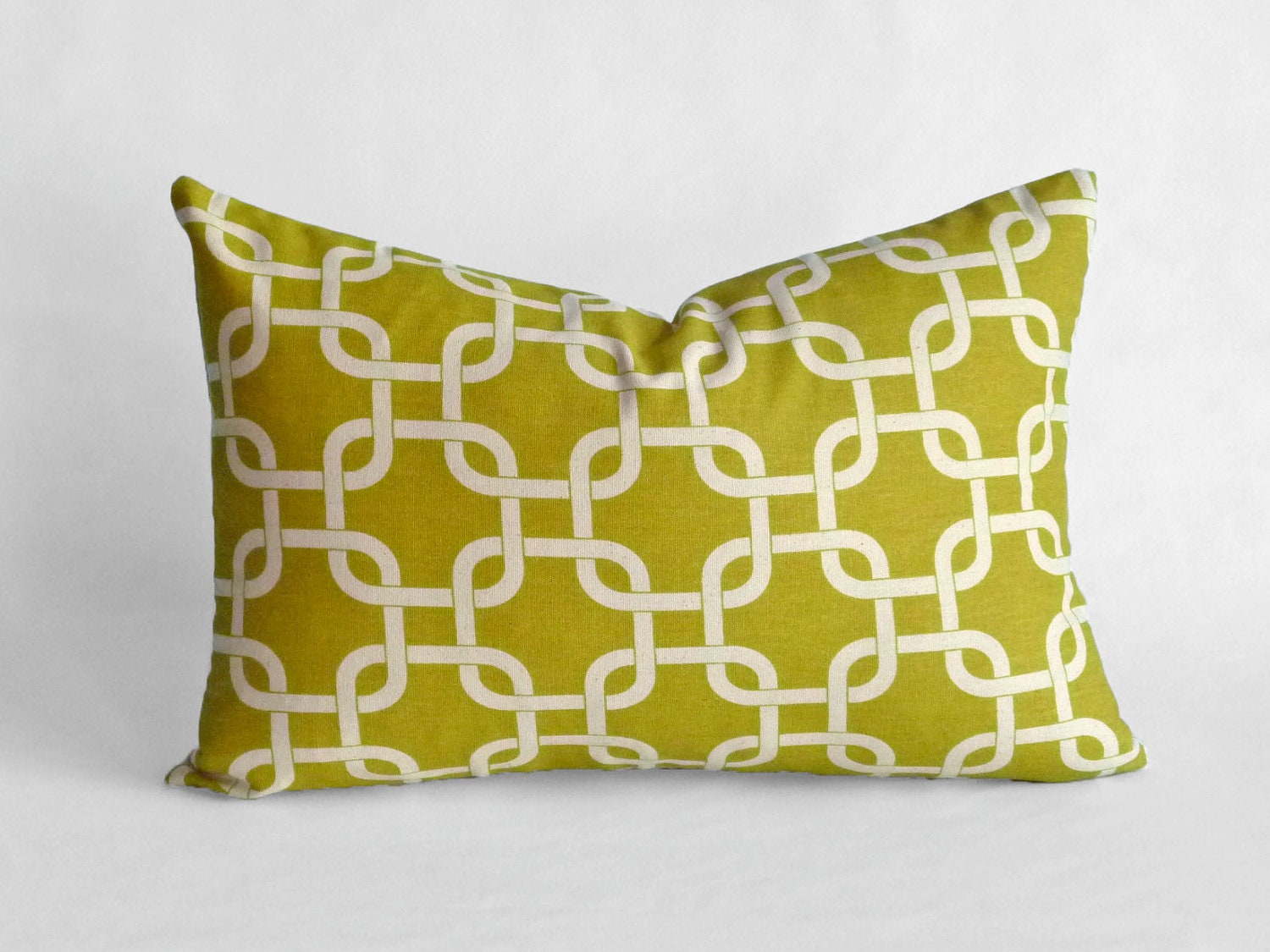 Designer Lumbar Pillow Cover in Gotcha Citrine Natural  - 12x18 inch -  (Off White/ Cream Geometric Chain Link Pattern on Citrine Yellow)