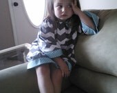 Boutique Handmade Gray Chevron stripe Peasant Dress Aqua Turquoise Polka dot accents girls 12 months to size 8