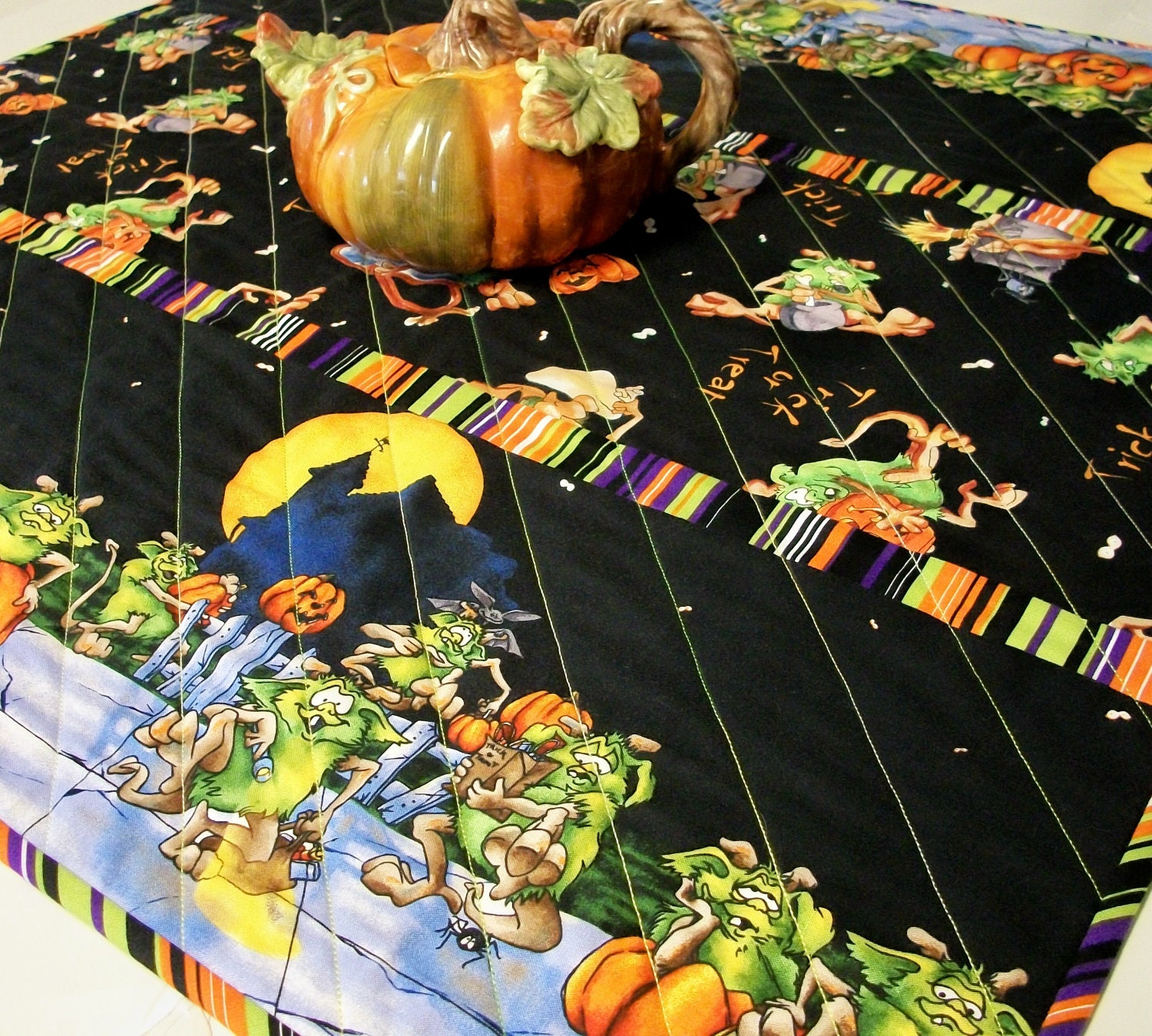 Halloween Table Topper Goblins Quilted Ready to Ship One of a Kind