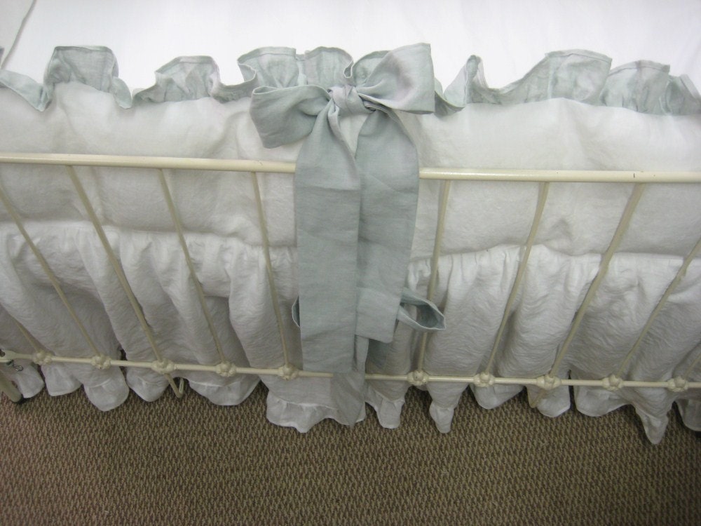 Washed Handkerchief Linen Crib Bedding - White with Dove Ruffles and Sash Style Ties
