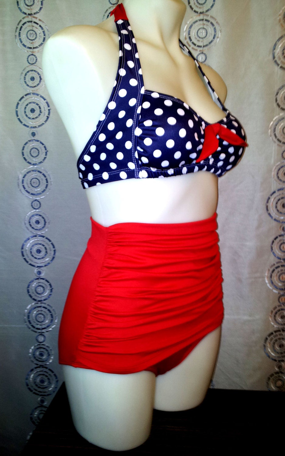 Grace Ruched front High Waist Bikini in Large Navy Dot & Red