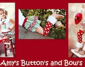 LONG SLEEVE TODDLER Christmas white red and green striped and polka dot present shirt ruffle all around bloomer skirt w/fabric rolled roset