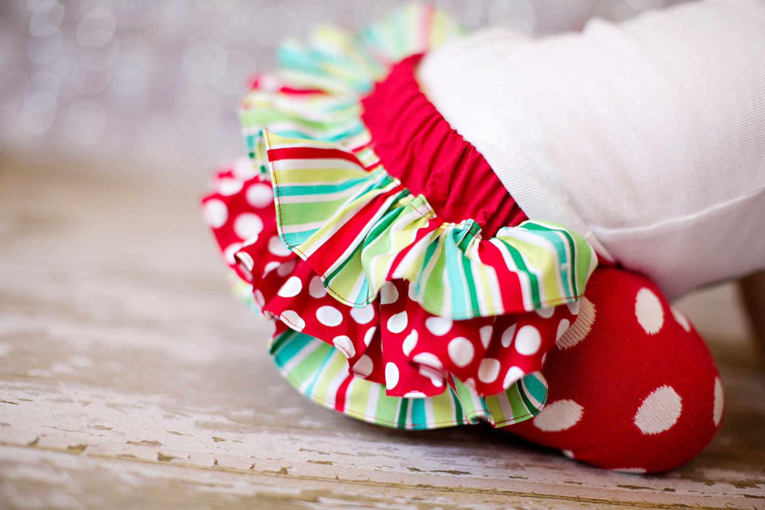 SHORT SLEEVE Christmas white red and green striped and polka dot present onesie ruffle bloomers diaper cover w/matching shabby chiffon
