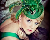SALE Emerald Green Mini Straw Accessory Top Hat Peacock Feathers Accessories Wedding Wear Party Fascinator  Hats Steampunk - EllaGajewskaHATS