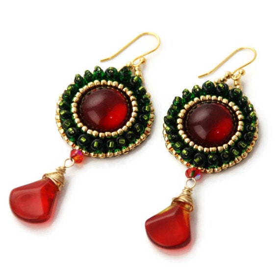 Red Glass Earrings, Dangle Earrings, Gold Plate Earrings, Bead Embroidered, Glass Beaded Earrings