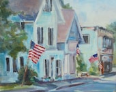 Street Scene, Houses with flags, Boothbay Maine, Original oil by Carol DeMumbrum