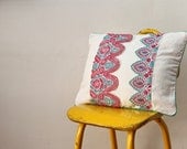 OOAK hand embroidered  blue and pink collarette pillow cover version 2