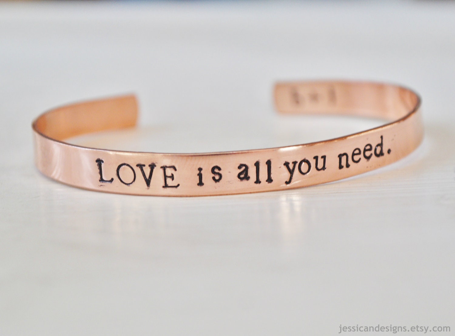 LOVE is all you need. Hand Stamped, Copper Cuff Bracelet Personalized with Your Initials Hidden on the Inside.