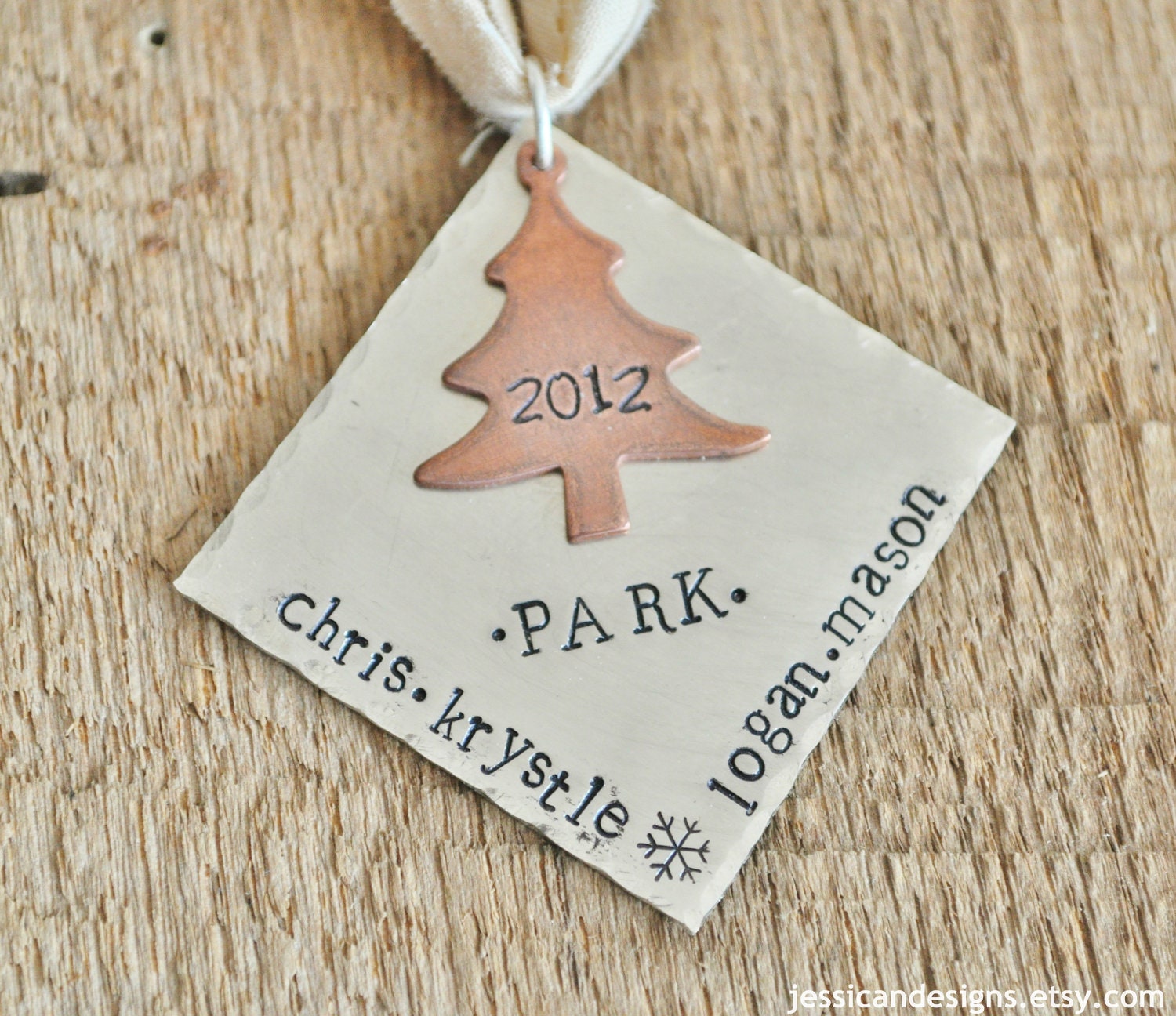 Personalized FAMILY CHRISTMAS ORNAMENT -Hand Stamped Diamond & Christmas Tree Ornament -Add Your Family Names