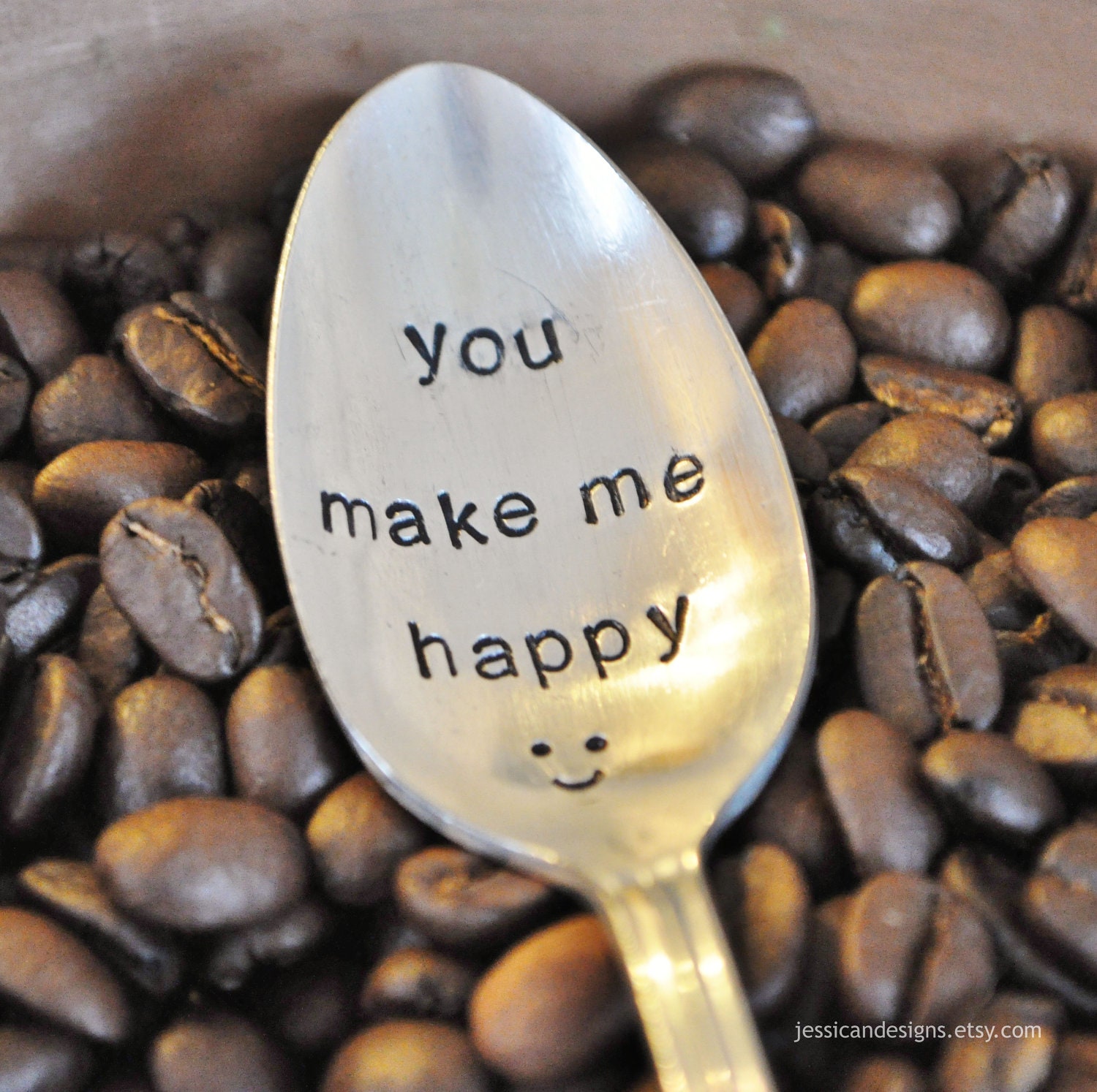 You Make Me Happy (TM) - Hand Stamped Vintage Coffee Spoon for COFFEE LOVERS.