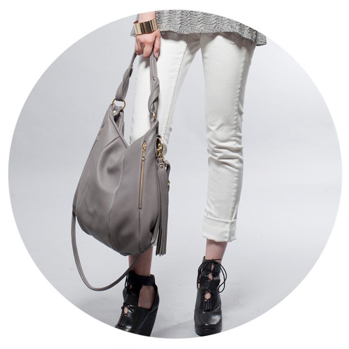 SALE Gray Leather handbag - OPELLE Lotus Bag - Soft Pebbled Leather with Zipper Pockets in Dove