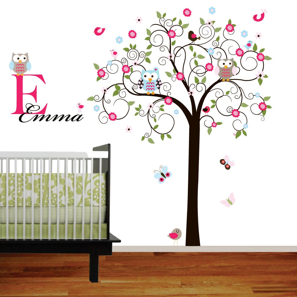 Swirl Tree Vinyl Wall Decal set with leaves,flowers birds,owls vinyl wall decal sticker nursery girls