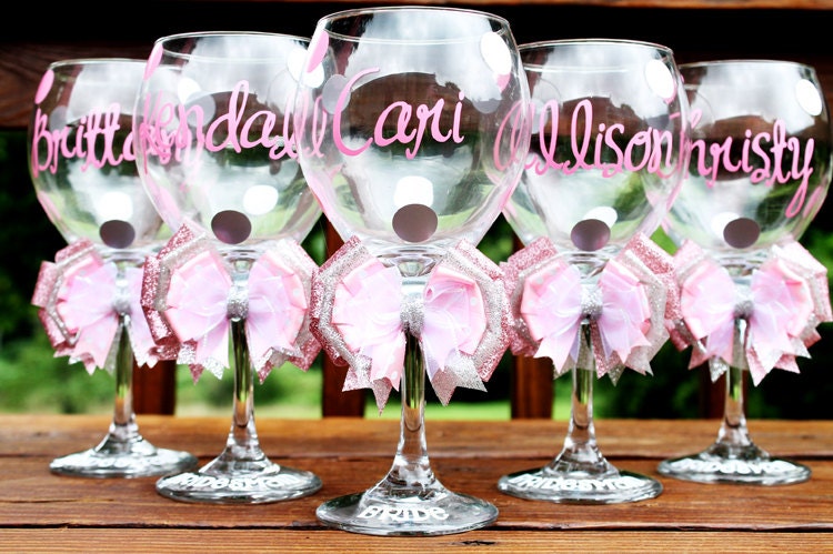 Personalized Bridesmaid Wedding Bridal Shower Date Monogram Bow Bride Groom Groomsman Bachelorette Wine Glass Gift