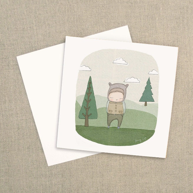 Blank Greeting Card - Square - Mr Tiggle's The Bear in Forest -  5.9 x 5.9 " or 150x150 mm