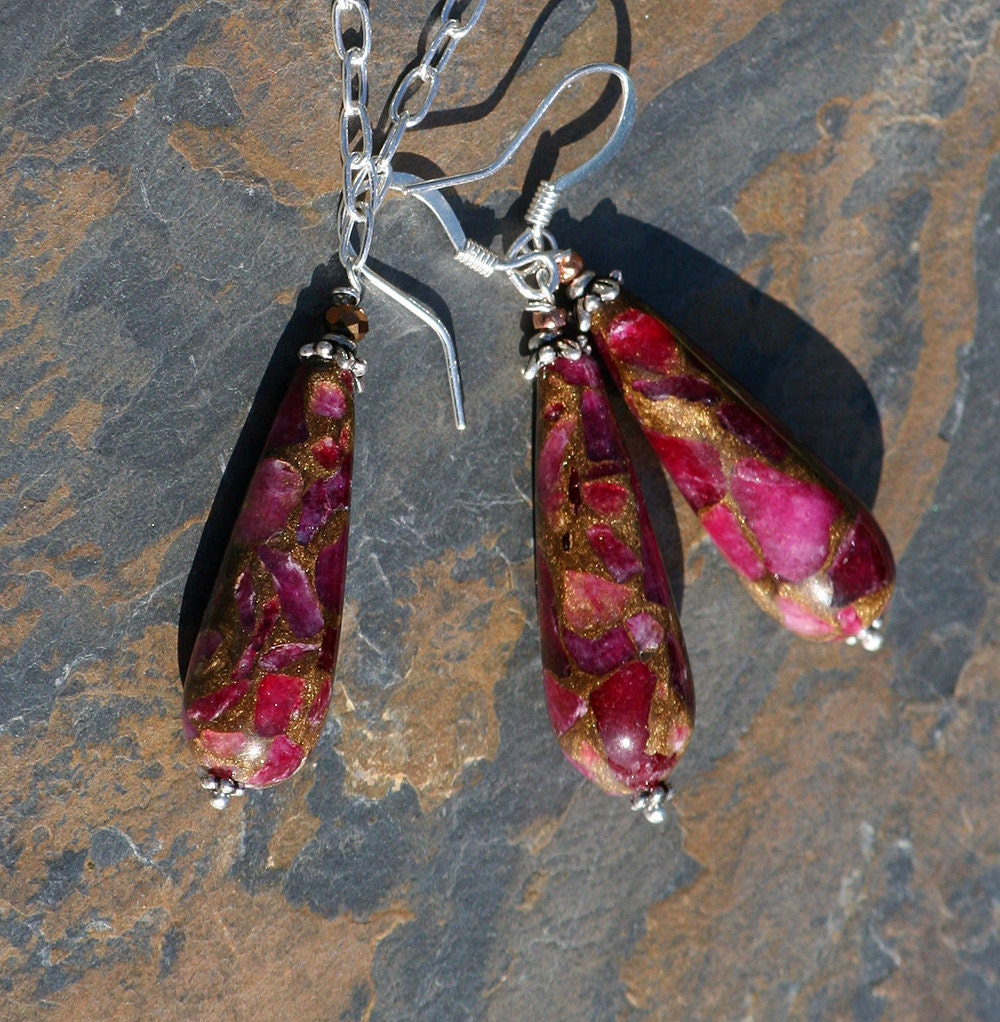Valentine's Day Jewelry Set, Red Ruby Necklace, Raspberry Pink Earrings, Natural Stone, Handmade Jewelry
