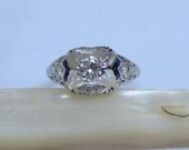 Art Deco Platinum Engagement Ring. Diamonds and Sapphire. Addy on Etsy.