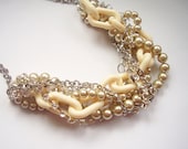 Rhinestone, silver chains, champagne taupe pearl, resin cream links multi strand twisted chunky statement necklace