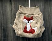 Upcycled Wool Soaker Cover Diaper Cover With Added Doubler Beige With Fox Applique MEDIUM 6-12M  Kidsgogreen