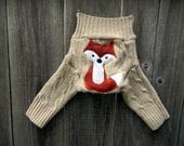 Upcycled  Wool Longies Soaker Cover Diaper Cover With Added Doubler Beige With Fox Applique NEWBORN 0-3M