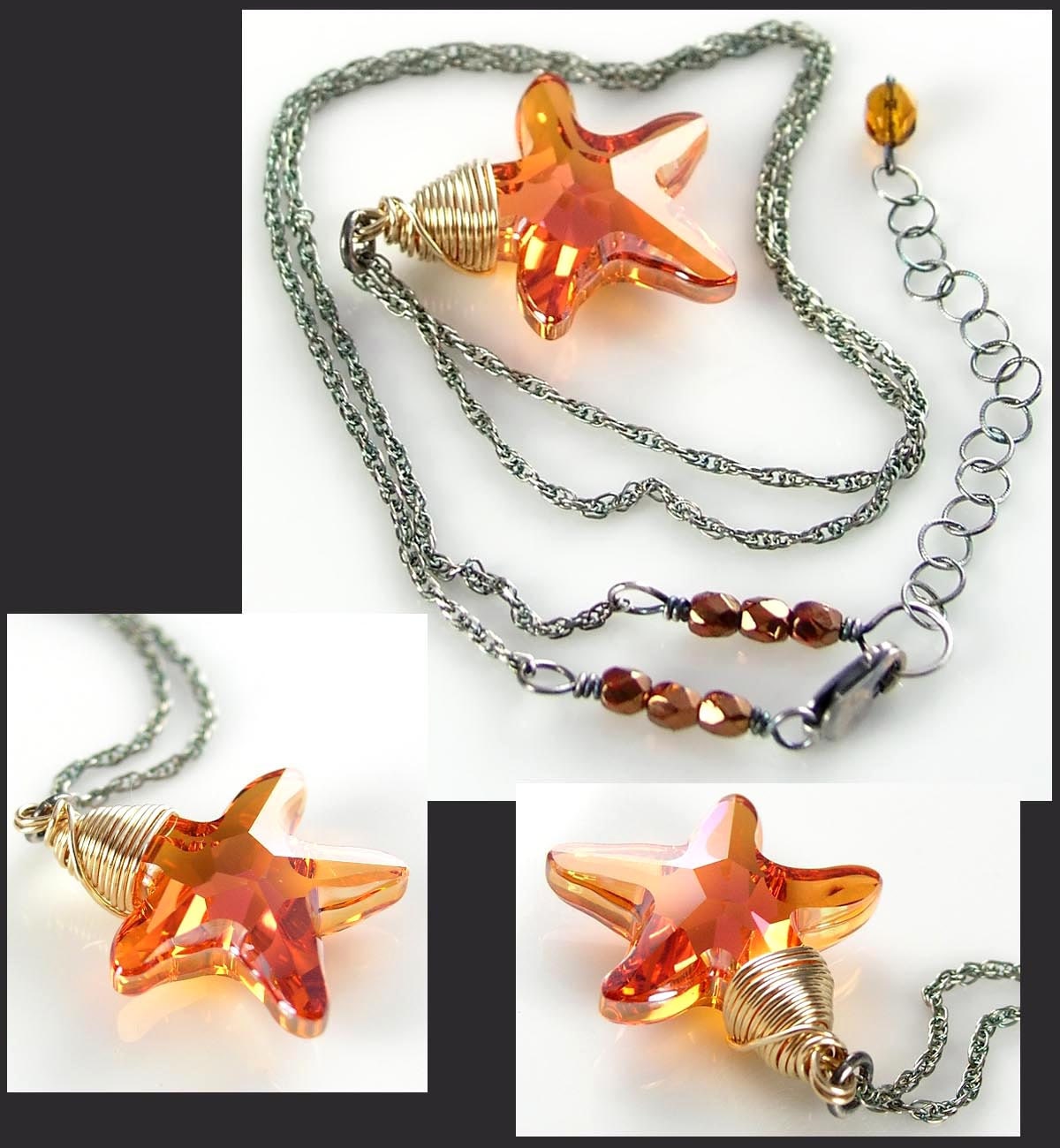 Sun Kissed Starfish Necklace 14K Gold Fill Sterling Silver Swarovski Orange Blush Crystal Starfish Necklace