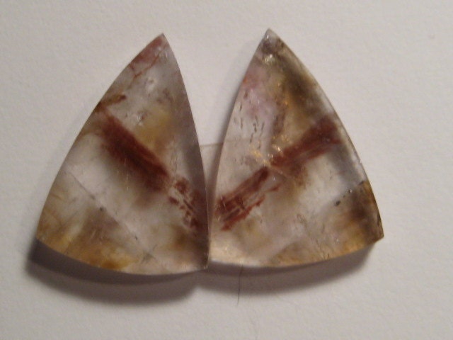 Cacoxenite  in Quartz  earring pair  ..........         26 x 19  x 5   mm ......        1407