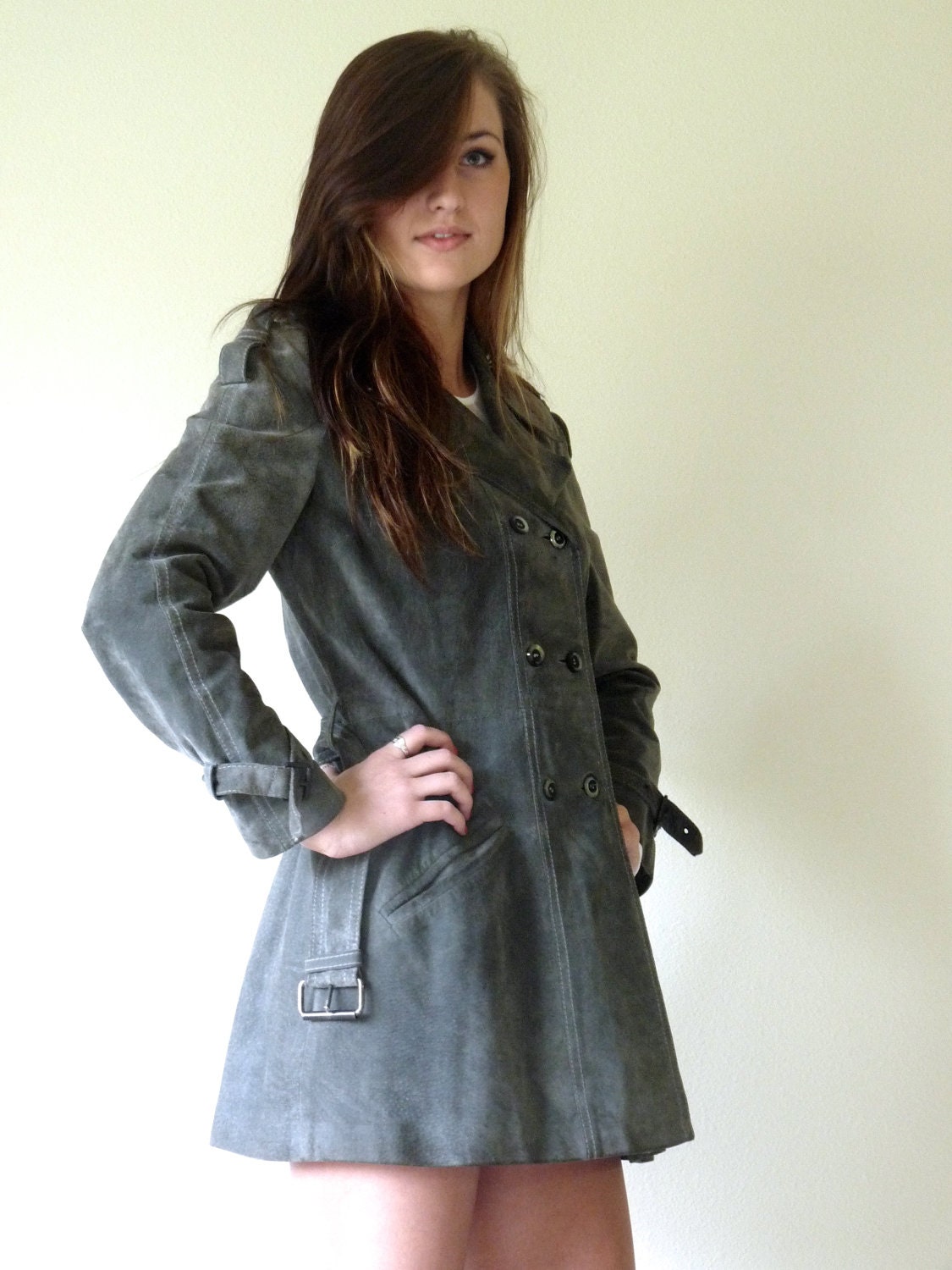 70s Charcoal Grey Suede Leather Military Trench Coat s m