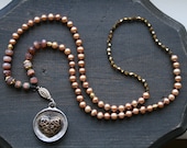 Dainty and Dangling Vintage Heart with Peach Pearls Necklace