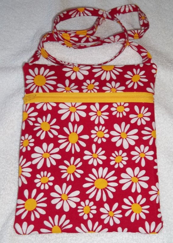Handmade Floral  Daisies on Red Sling Bag, Cross Body Bag, Hipster, Travel Bag