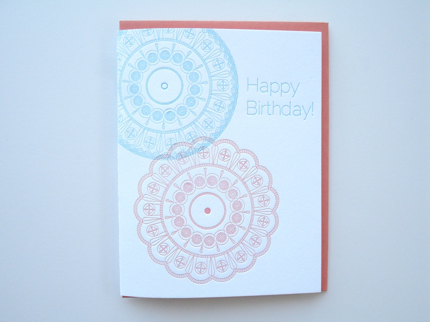 Letterpress Happy Birthday Card with Blue and Orange Lacy Medallions