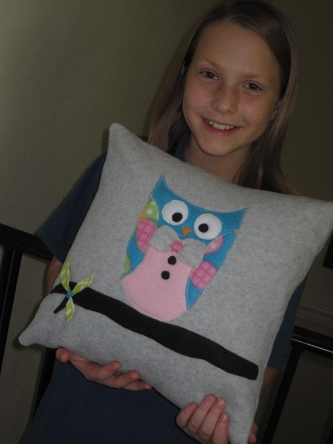 Belle's Hootin Owl Pillow "Hootin Tux" Gray Fleece Cover, Appliqued Owl on Branch,Teal Blue, Pink, Baby, Children, Girls