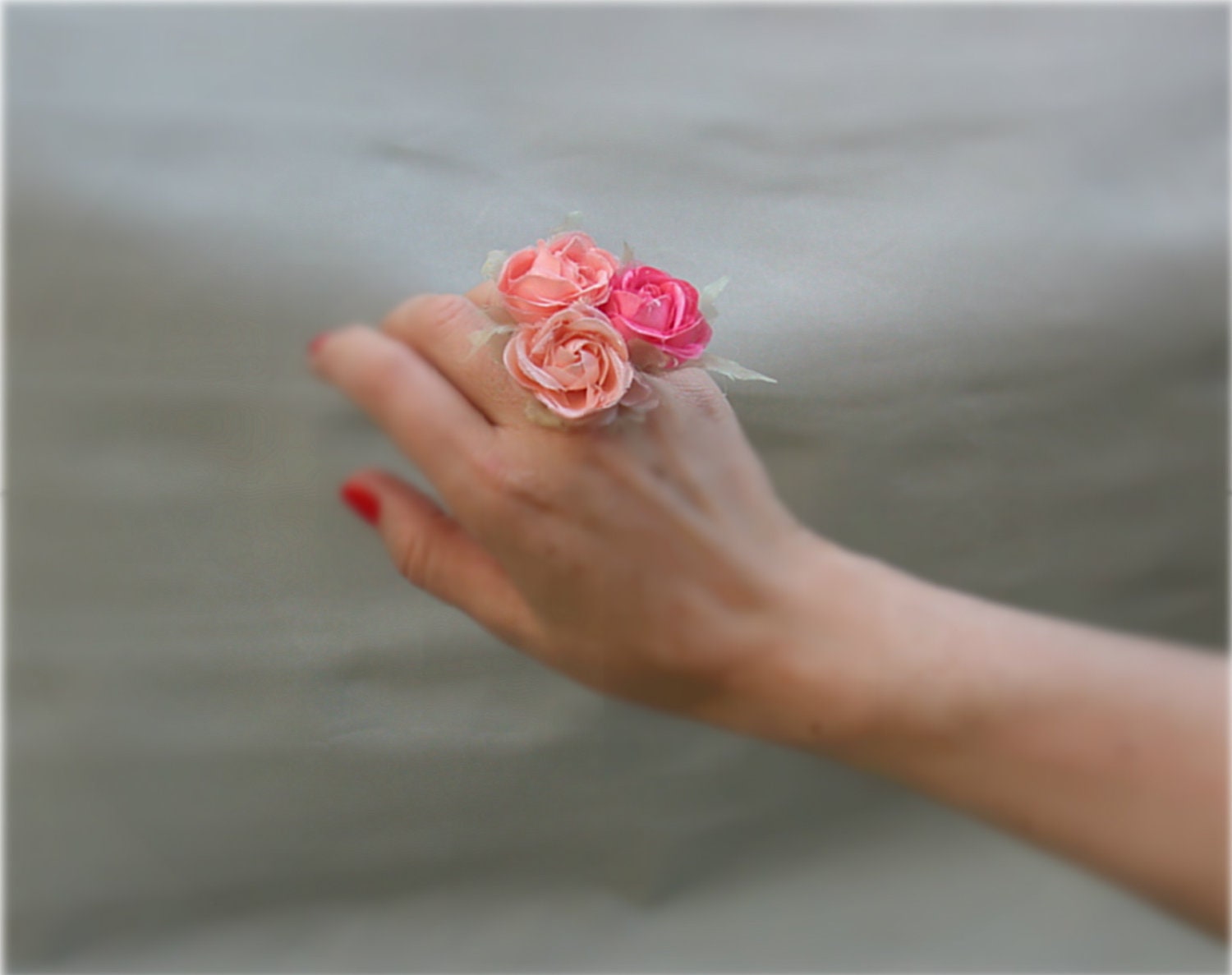 Peach Pink Hand Made  Flowers Ring Vintage Antique Rose Fabric Flowers Ring Perfect for Bride, Wedding, Bridesmaids And Formal