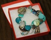 Button charm bracelet- turquoise, blue, green, silver, bohemian, hippie bracelet