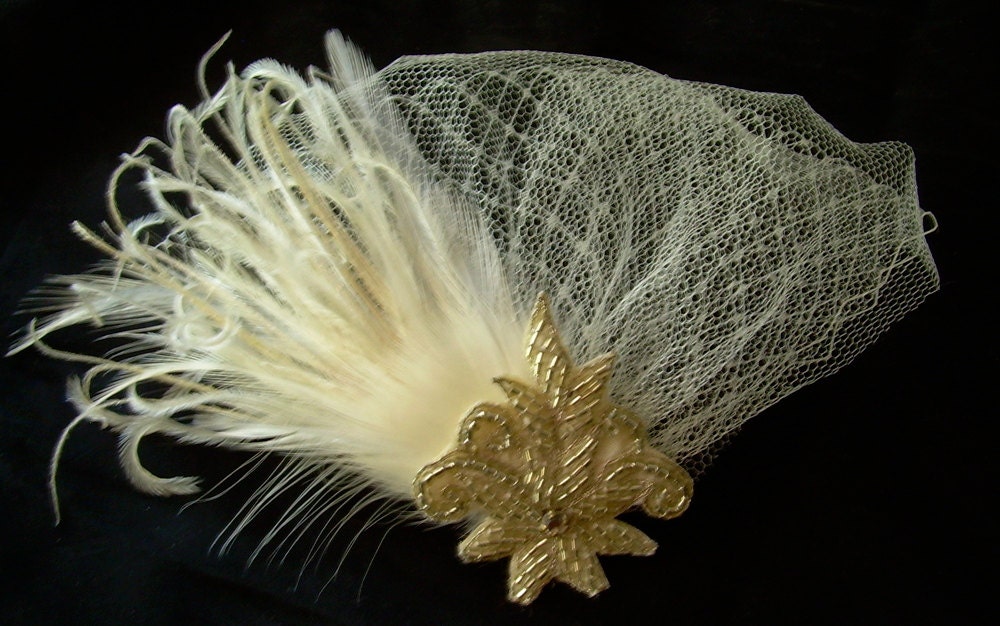 stella - art deco bridal headpiece with silver  beadwork and ivory bird friendly feathers