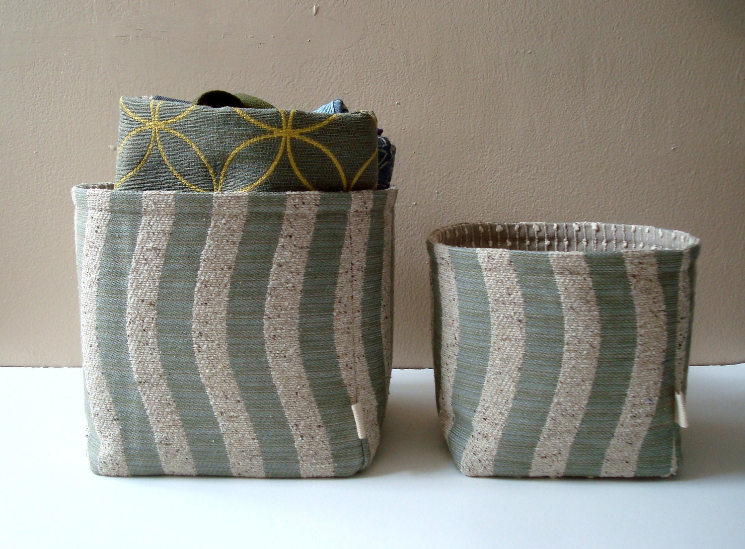 Large Linen Fabric Storage Bin / Oatmeal / Eggshell Blue / Wiggle Stripe