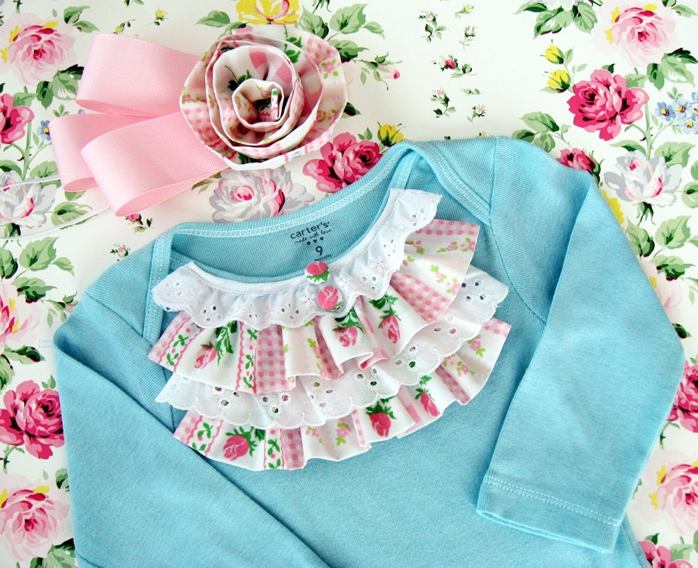 NEW pink floral and teal shabby chic hand dyed ruffle onesie, long sleeve, with headband, 3m 6m 9m 12m 18m 24m photo prop